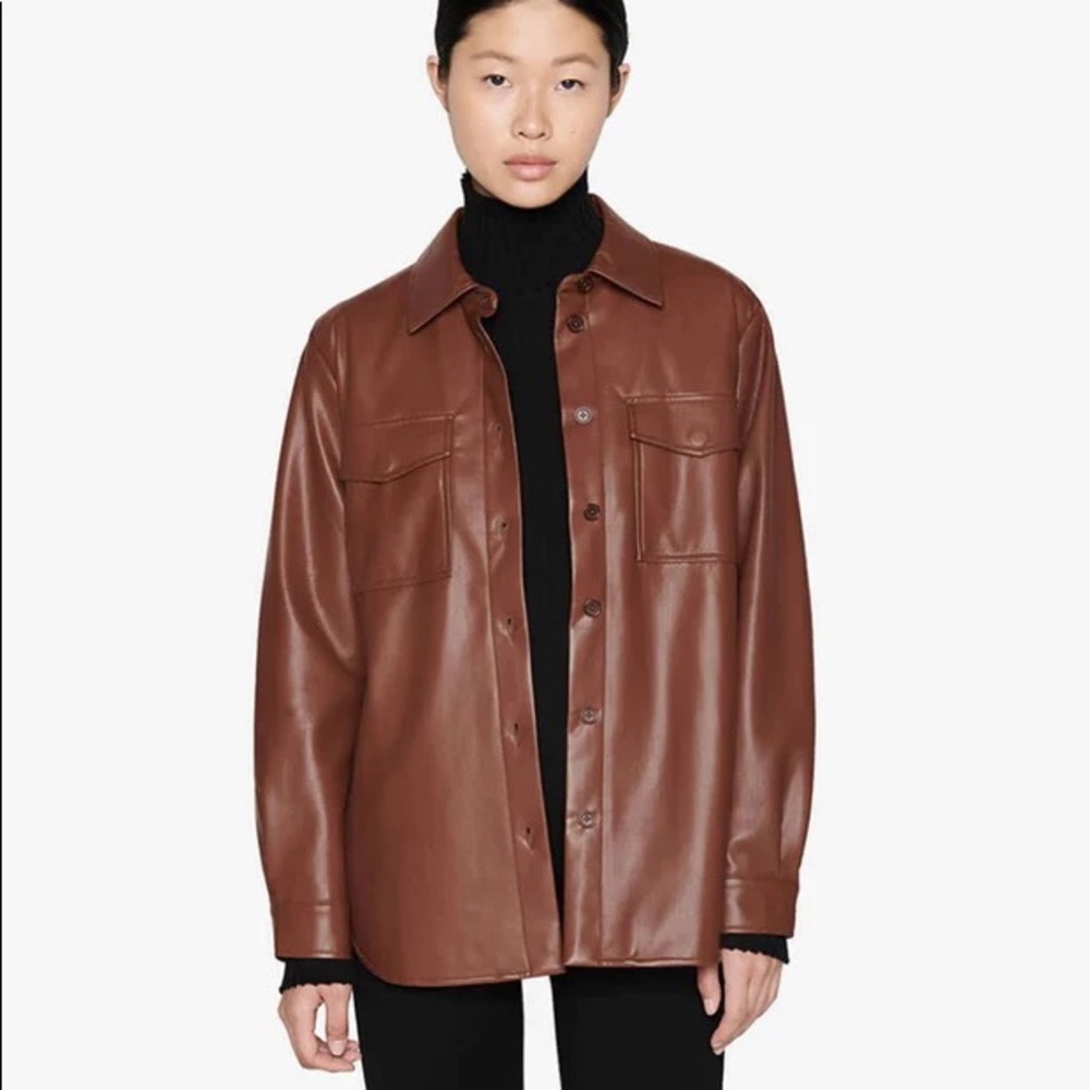 ANINE BING Small Hutton Brown Faux Leather Shirt Jacket